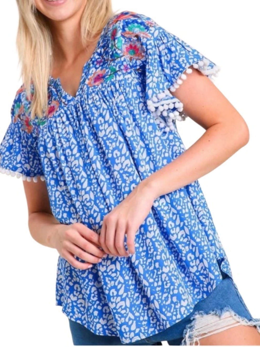 Umgee Blue Floral Embroidered Pom-Pom Sleeve Tunic. Ruffle.  Colorful. Size L